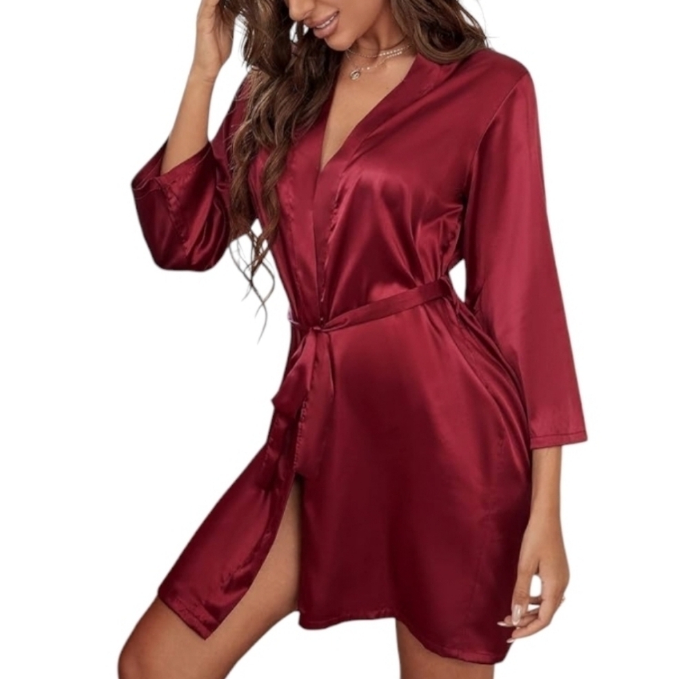 Delicates Satin Open Front Burgundy Robe